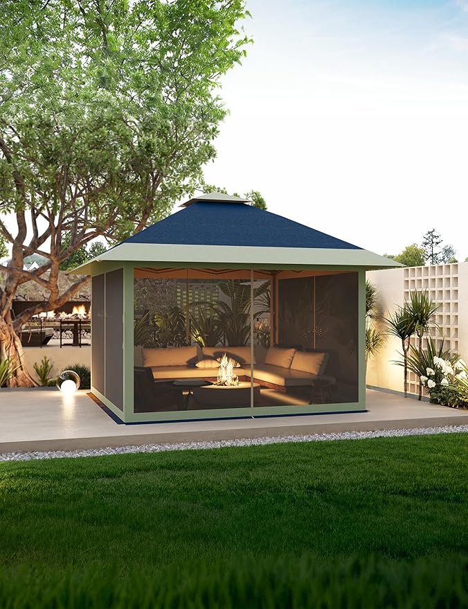 12' x 12' Outdoor Gazebo Heavy Duty Double Roof Patio Gazebo with Netting and Curtains Outdoor Patio Canopy for Deck Backyard Garden Lawns Blue &amp Gray