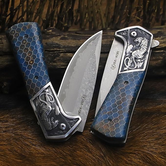 BA-KOR B21A Devil Tiger (XL) 248mm Damascus pocket knife featuring stainless steel and resin aluminum honeycomb-pattern handle &amp(5.9IN) cerium igniter suitable for both men and women as a campin