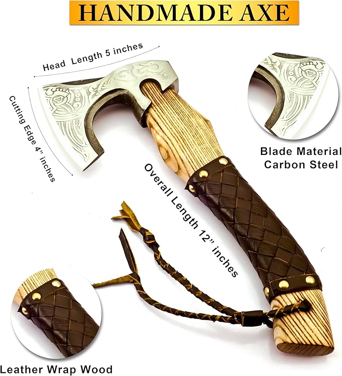 Custom Forged Carbon Steel Viking Style Bearded Axe - Real Hatchet Throwing &amp Camping Axe with Leather Wrap Best Gift for Anniversary Valentine's Day Birthday with Premium Leather Sheath