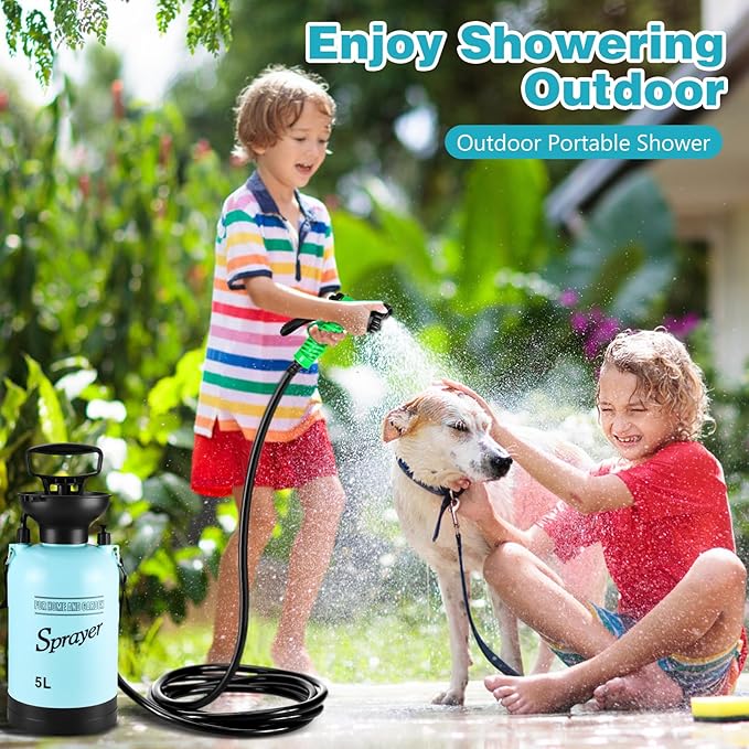 Vevitts Portable Pressure Sprayer Shower 5L for Camping with 7 Spray Modes Hand Press Camping Shower with Hose and Shower Head Hiking Traveling Shower Garden Sprayer Pet Shower Blue