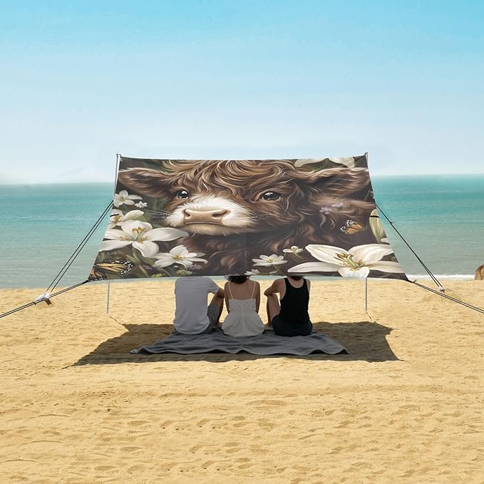 ALAZA Highland Cattle Lily Beach Tent Sun Shelter Portable Canopy Sunshade for Outdoor Camping Picnics Backyard Fun 10x9 ft