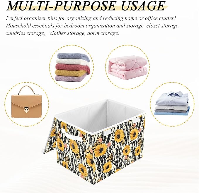 Storage Cube with Lid Leopard Sunflower Print 16.5×12.6×11.8 IN 1 Pack Collapsible Large Capacity Foldable Storage Basket Bin Organizer