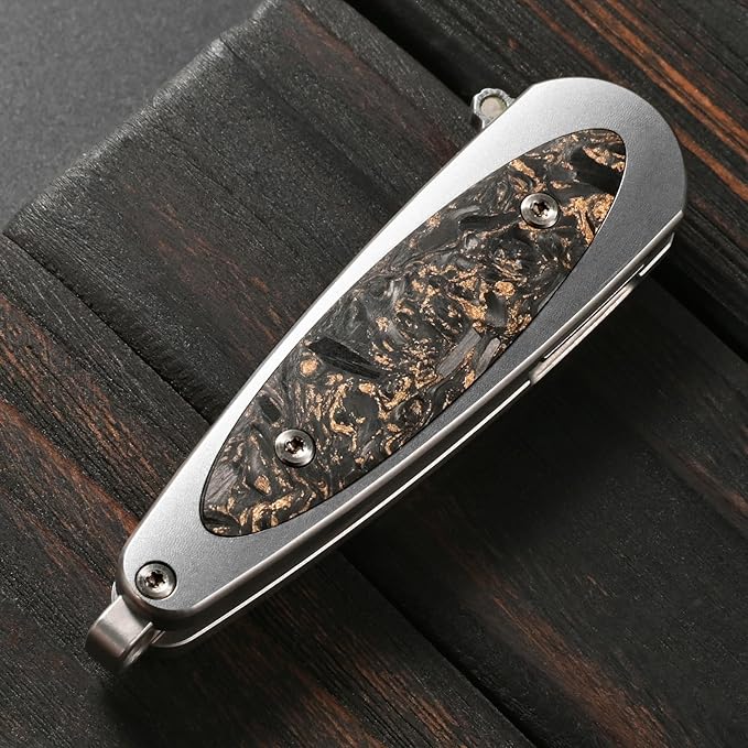 Sitivien ST228 Damascus Steel Folding Knife Copper Platinum Carbon Fiber Inlays Handle and Rose Print Pattern Blade EDC Tool Knife for Outdoor Camping Hiking Hunting(Gray) …