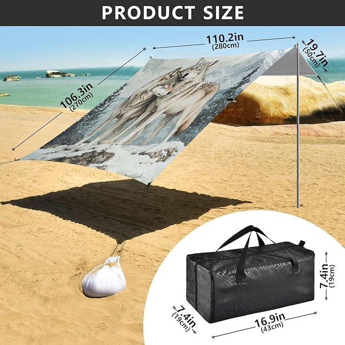 ALAZA Wolves Snow Montain Beach Tent Sun Shelter UPF50+ Protection Beach Shade Canopy w/ 4 Sandbags for Outdoor Camping Fishing Backyard Fun Picnic 10x9 ft