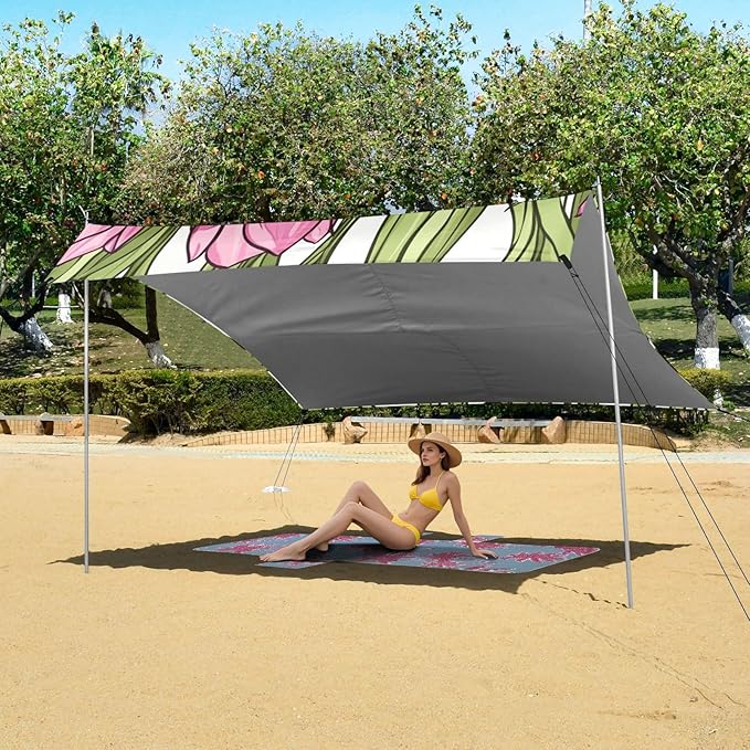 ALAZA Cute Doodle Spring Pink Tulips Beach Tent Sun Shelter Portable Canopy Sunshade for Outdoor Camping Picnics Backyard Fun 10x9 ft
