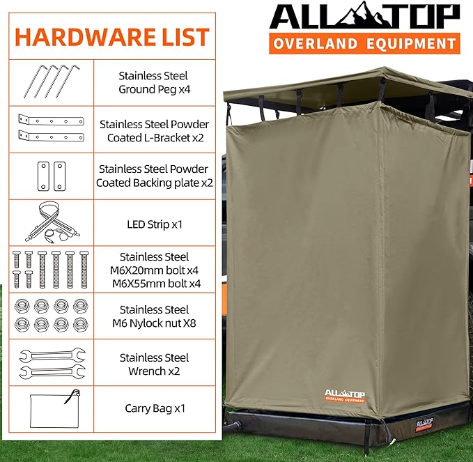 ALL-TOP Awning Shower Room w/Foldable Floor Mat 3.3ft x 3.3ft Privacy Shelter Restroom w/Roof LED Light Drain Pipe Carside Bathroom