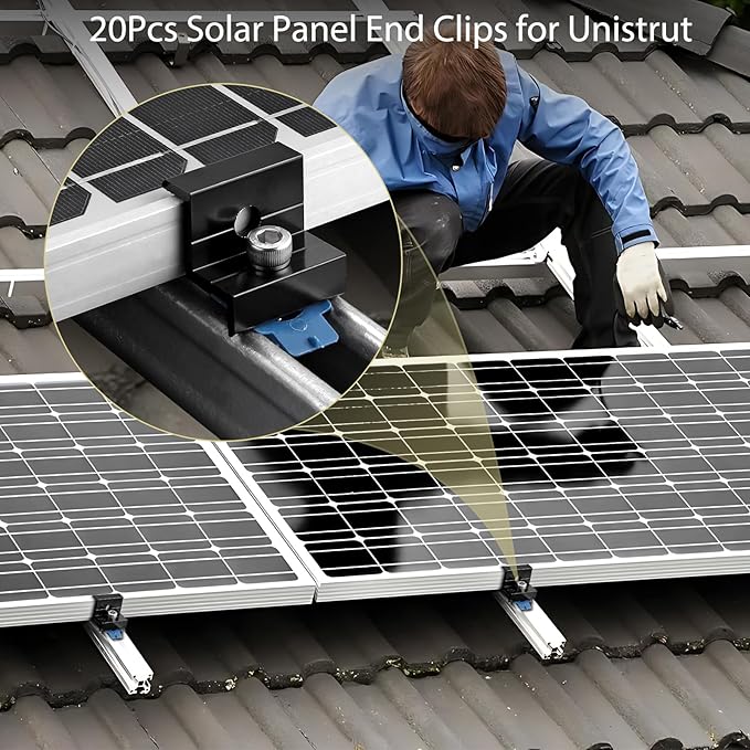 Anbte 20pcs Solar Panel End Clamp for Standard Unistrut Aluminum 30mm/35mm Solar Panel Brackets with Nuts Bolts Solar Panel Mounting Kit for Metal Roof Tin Roof Flat Roof Sheet Roof RV Black