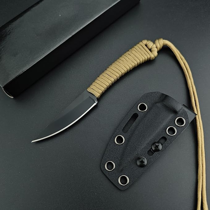 Portable EDC Fixed Blade Knife2.8'' 8Cr13Mov Steel BladeNylon Rope Handle with Kydex Sheath and PocketclipGifts for Men WomenLightweight Full Tang Knives for Camping Hiking Fishing (Khaki)