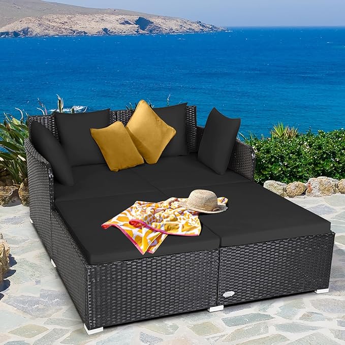 Tangkula Outdoor Rattan Daybed Wicker Furniture with Spacious Seat Upholstered Cushion &amp High-Resilience Sponge Patio Sofa Set with 4 Pillows 2-Person Sunbed for Poolside Backyard Garden &amp