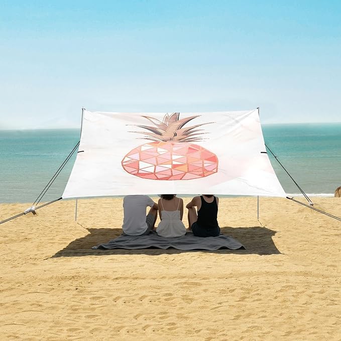 ALAZA Rose Gold Pineapple Marble Beach Tent Sun Shelter UPF50+ Protection Beach Shade Canopy w/ 4 Sandbags for Outdoor Camping Fishing Backyard Fun Picnic 10x9 ft