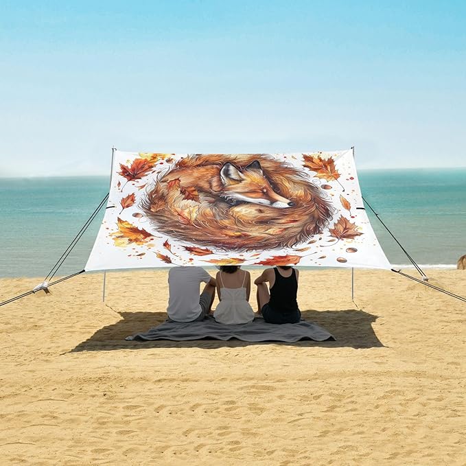 ALAZA Fox Maple Leaves Watercolor Beach Tent Sun Shelter UPF50+ Protection Beach Shade Canopy w/ 4 Sandbags for Outdoor Camping Fishing Backyard Fun Picnic 10x9 ft
