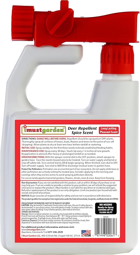 I Must Garden Deer Repellent Hose-End Concentrate: Spice Scent Deer Spray for Gardens Plants and Trees – 32oz Covers 10000 sq. ft.