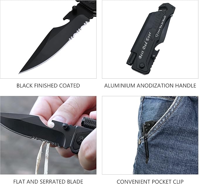 Mothers Day Fathers Day Gift - Personalized Custom Engraving Gifts for Him Her 6-in-1 Multifunctional Folding Pocket Knives with LED Light Seatbelt Cutter Glass Breaker Magnesium Fire Starter Bot