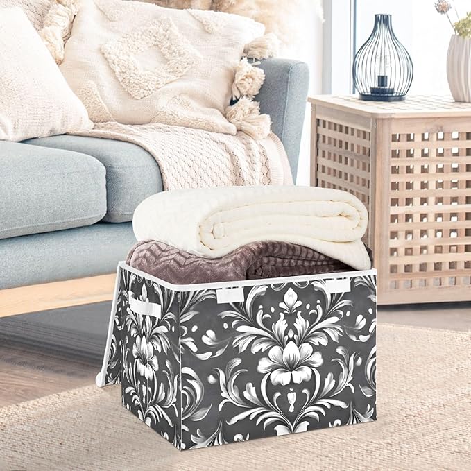 Damask Ornament Lidded Storage Bins with Handles - 16.5x12.6x11.8 Foldable Organizing Box Oxford Fabric &amp Honeycomb Board Dust-Proof Flip Lid for Closet/Office