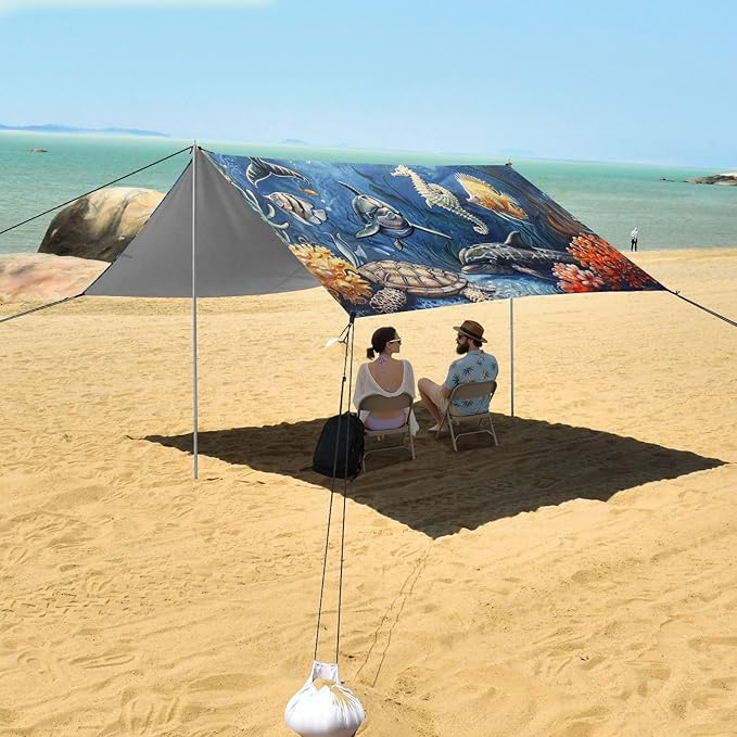 ALAZA Marine Dolphins Fish Seahorse Turtles Beach Tent Sun Shelter Portable Canopy Sunshade for Outdoor Camping Picnics Backyard Fun 10x9 ft