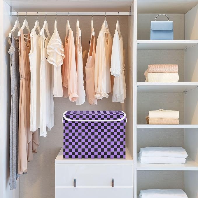 Purple Black Checkerboard Storage Baskets Lidded Bin Foldable Storage Boxes Cubes Lids with 2 Handles for Organizing Closet Home Office