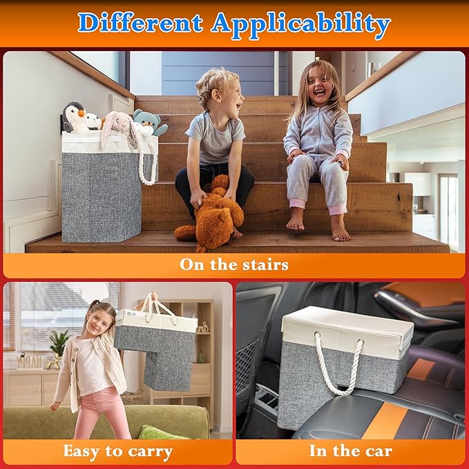 2 PACK | Stair Basket Organizer with Top Lid for Carpeted Stairs &amp Wooden Staircases. Versatile Sturdy Linen Storage Bag for Climbing Laundry &amp Shoe