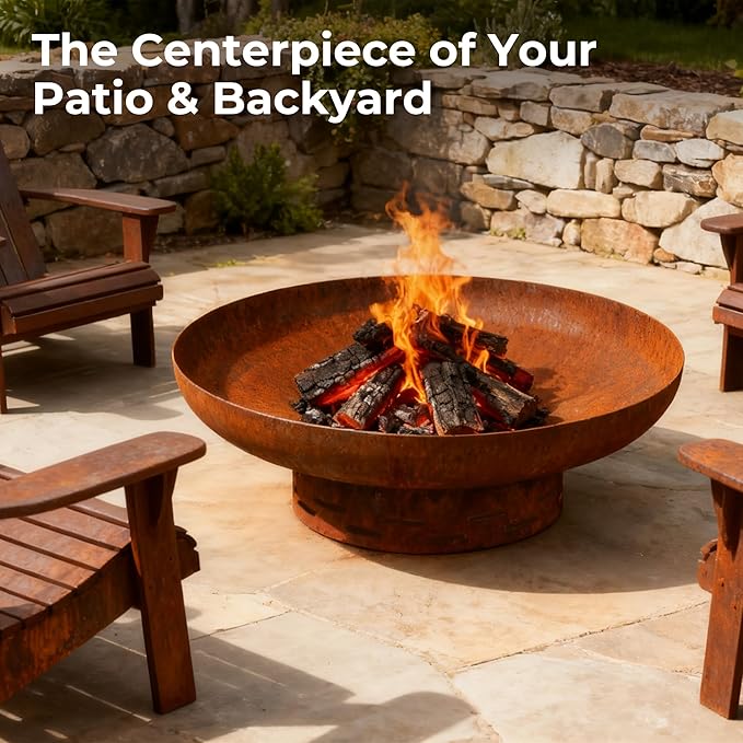 KOL Fire Pit for Outside Wood Burning 35.5 Inch Large Round Firepit Bowl Outdoor and Patio Heavy-Duty Bonfire Pit Oxidized Finish Free-Standing Camping Backyard Terrace