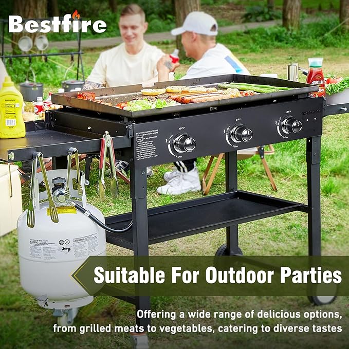 BESTFIRE 3 Burner 35 Flat Top Grill45000 BTU Flat Grills Outdoor Cooking with Two Foldable ShelvesOutdoor Griddle with Porcelain-Enameled Cast Iron Grate &amp Pan for KitchenBBQ&amp Camping