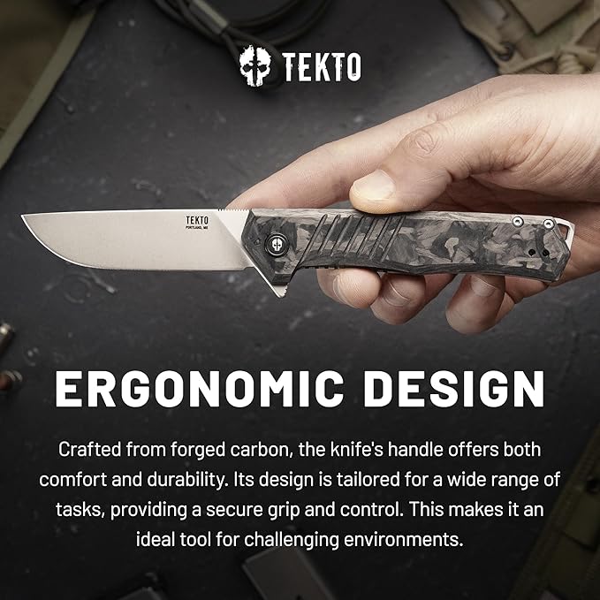 TEKTO KNIVES F1 Alpha Folding Pocket Knife - Modified Straight Back Blade Titanium Coated D2 Steel Ideal for Camping &amp Backpacking Tactical Forged Carbon Fiber Handle Silver Titanium Accents