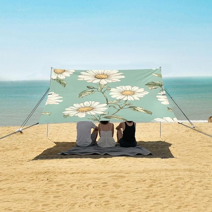 ALAZA Vintage Daisy Flowers Green Beach Tent Sun Shelter Portable Canopy Sunshade for Outdoor Camping Picnics Backyard Fun 10x9 ft