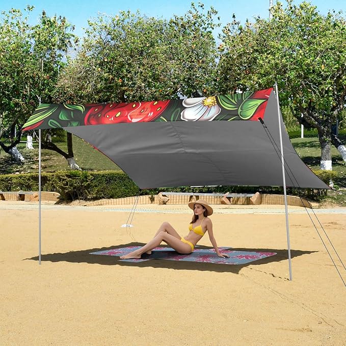 ALAZA Cute Strawberry Cherry and Flower Beach Tent Sun Shelter Portable Canopy Sunshade for Outdoor Camping Picnics Backyard Fun 10x9 ft