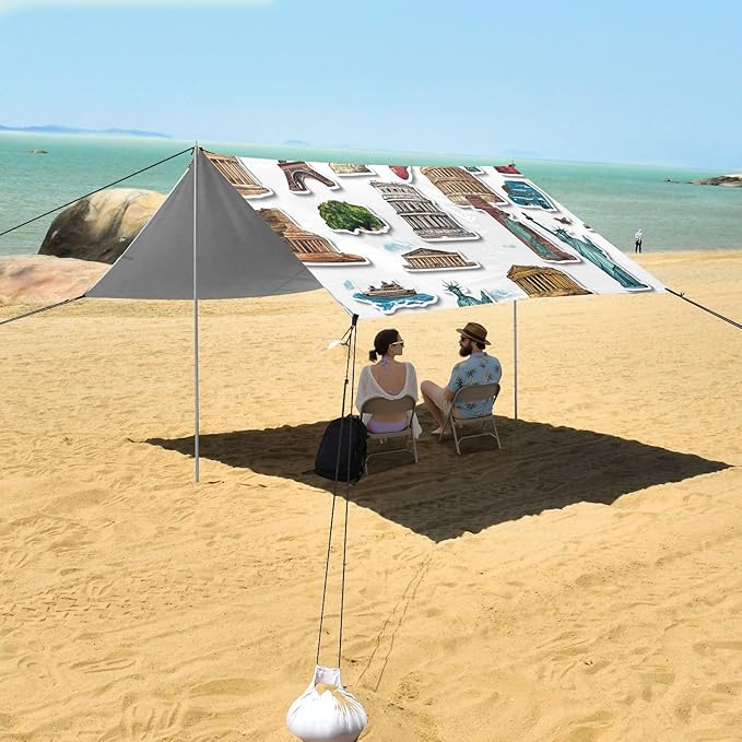 ALAZA Scenery Stickers Travel Beach Tent Sun Shelter UPF50+ Protection Beach Shade Canopy w/ 4 Sandbags for Outdoor Camping Fishing Backyard Fun Picnic 10x9 ft
