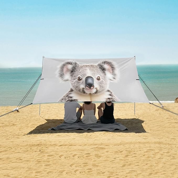 Koala Portrait Beach Tent Sun Shelter Set UPF50+ UV Protection 10.5 x 9.19 FT Camping Shade Canopy with Sandbags Sand Anchors Carrying Bag and Others