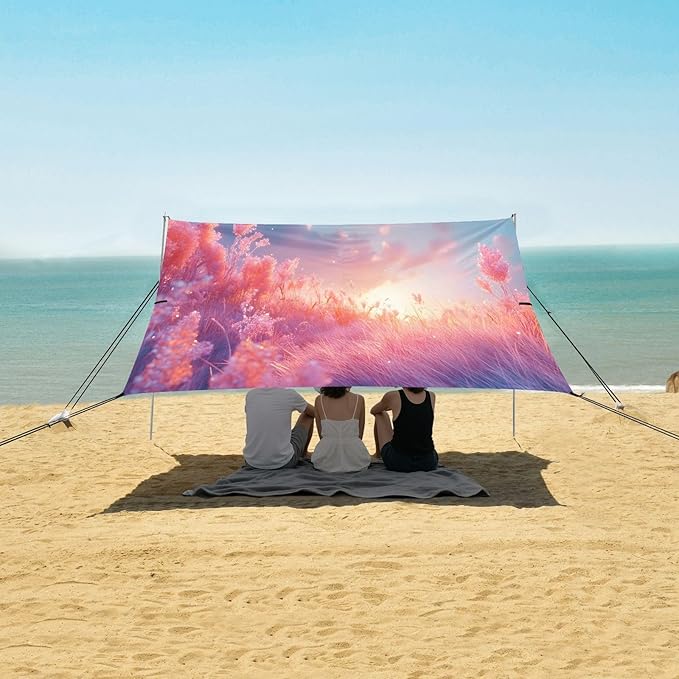 Meadow Pink Landscape Beach Tent Sun Shelter Set UPF50+ UV Protection 10.5 x 9.19 FT Camping Shade Canopy with Sandbags Sand Anchors Carrying Bag and Others