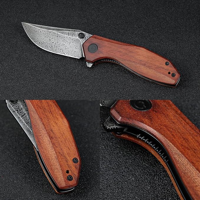 CIVIVI ODD 22 Pocket Knife for EDC Tuffknives 2.97 Damascus Blade Cuibourtia Wood Handle with Thumb Stud &amp Reversible Clip Folding Knife for Utility Hiking Camping Fishing Outdoor C21032-DS1