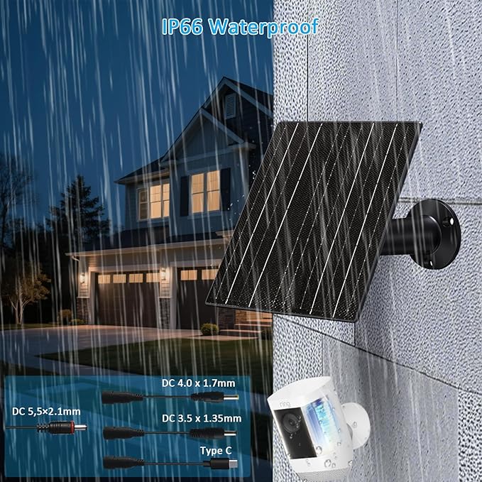 10W Solar Panel with 10400mAh Battery for Security &amp Trail Cameras 5V/12V Adjustable Output USB-C &amp DC Plugs IP66 Waterproof 360° Mount 9.8ft Cable