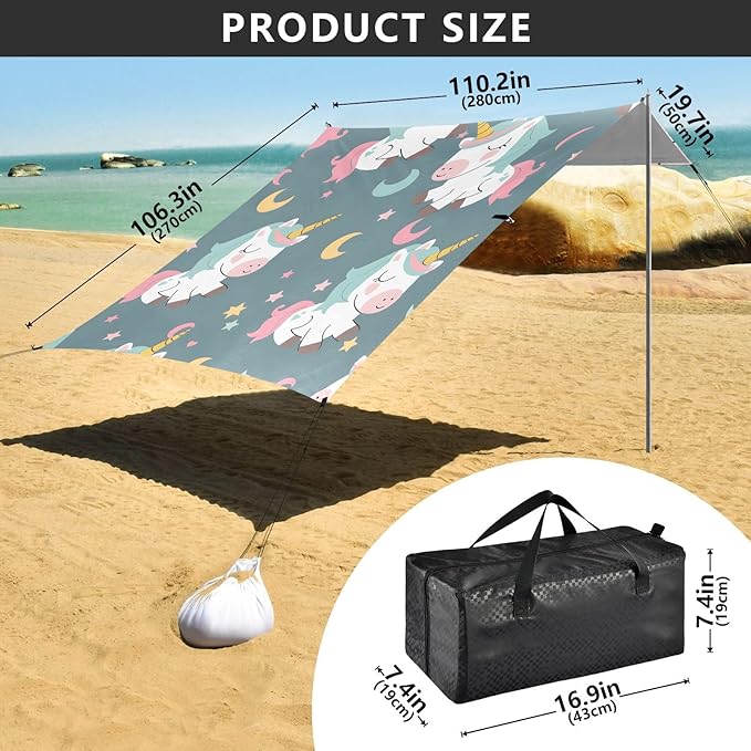 ALAZA Unicorn Star Moon Pattern Beach Tent Sun Shelter Portable Canopy Sunshade for Outdoor Camping Picnics Backyard Fun 10x9 ft
