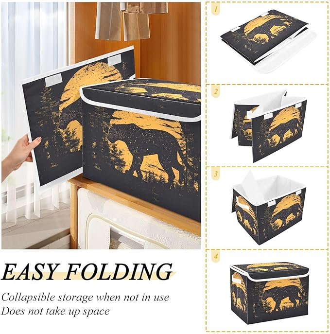 Storage Cube with Lid Silhouettes Leopard Print 16.5×12.6×11.8 IN Collapsible Large Capacity Foldable Storage Basket Bin Organizer
