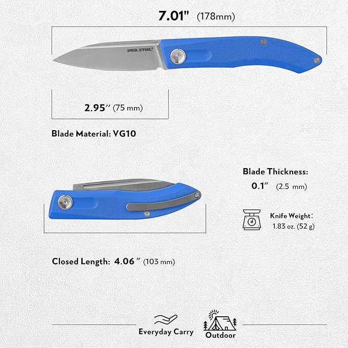 Real Steel Stella Slipjoint Folding Knife - 2.95 VG-10 Satin Blade G10 Textured Grip - Camping Hiking Daily Cutting - EDC Knife for Men and Women (Blue)