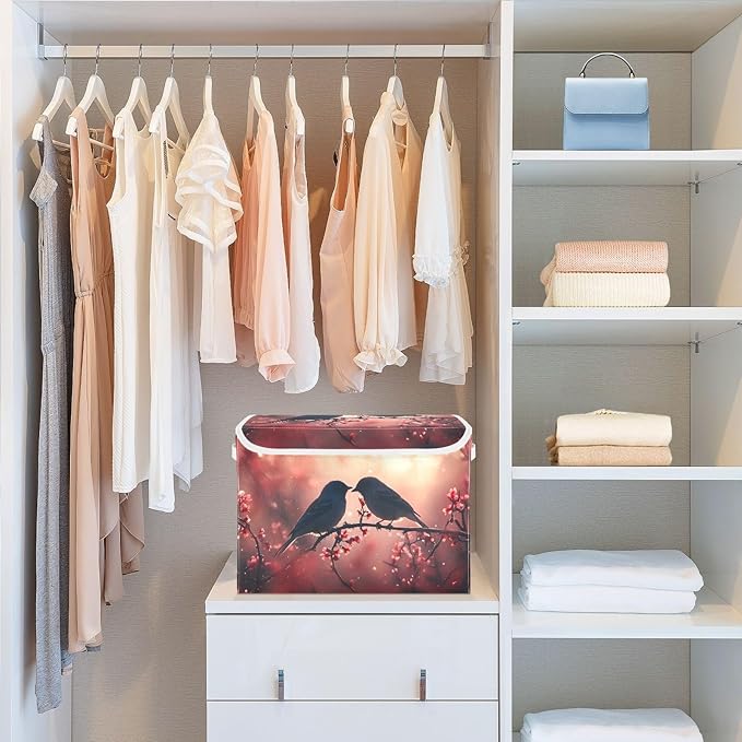 AIXIWAWA Lidded Storage Cube (Bird Love) Fabric Foldable Closet Bins with Flip Lid and Handles Organizer Basket Container 16.5 x 12.6 x 11.8 IN