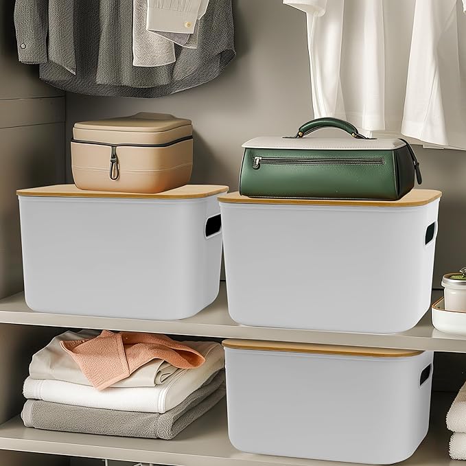 Soddeph 4 Packs Storage Bins with Lids Stackable Plastic Containers with Handles for Organizing Desktop Closet Playroom Office (White)