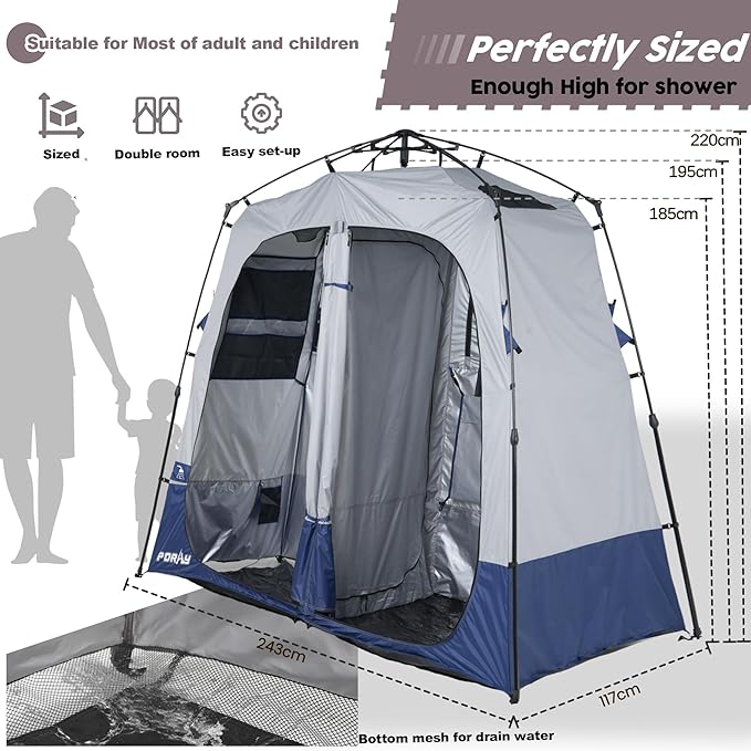 Camping Shower Tent Deluxe Changing Room Easy Set Up Privacy ShelterLarge Toilet Tent with Floor Drain Design for Beach CampingHiking with Stakes and Ropes for Stability
