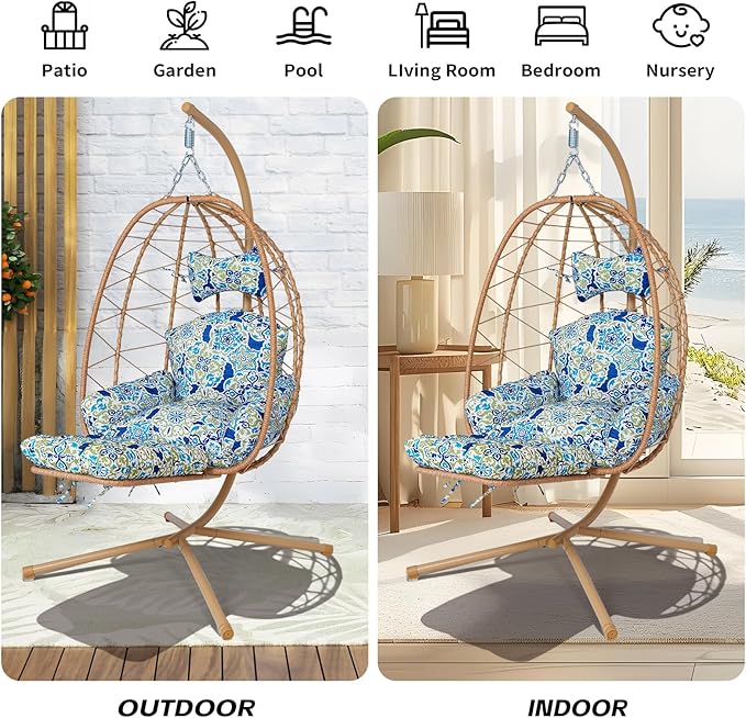 Hanging Egg Chair with Stand Outdoor Indoor Patio Rattan Swing Hammock Chairs with Washable Cushion PE Wicker Swing Chair for Backyard Bedroom Garden (Yellow + Floral Cushion with Footrest)
