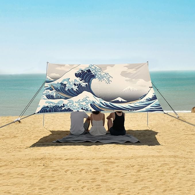 Waves Beach Canopy Sun Shelter with Sandbags &amp Sand Shovel &amp Windproof Ropes - Portable 110x126 Beach Shade Beach Tent for Camping Picnics