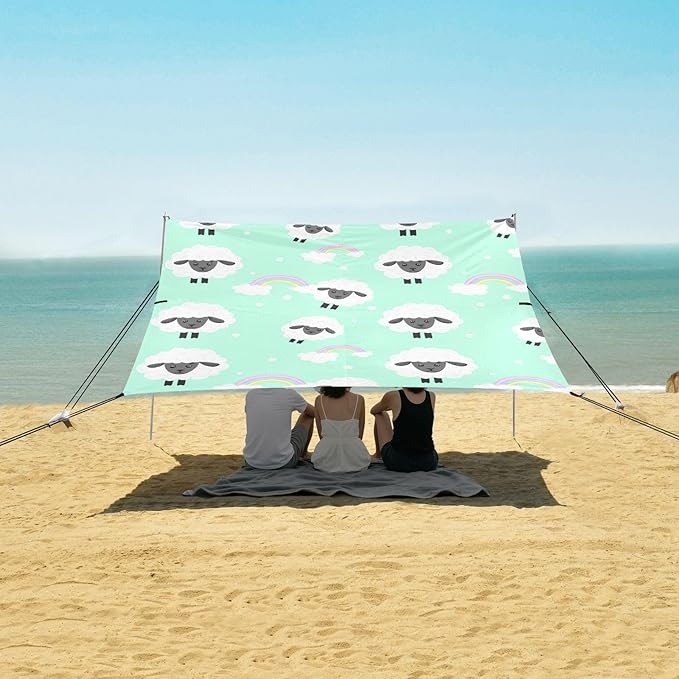 Beach Canopy with Windproof Ropes &amp Sandbags Beach Tent Sun Shade Sun Shelter for Camping Trips Fishing Backyard Fun or Picnics Sheep