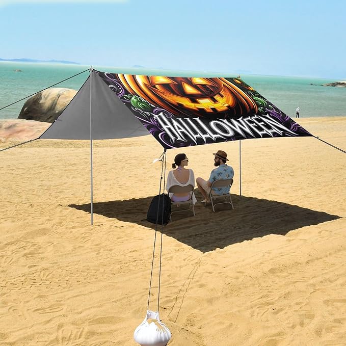 ALAZA Pumpkin Purple Bat Beach Tent Sun Shelter Portable Canopy Sunshade for Outdoor Camping Picnics Backyard Fun 10x9 ft