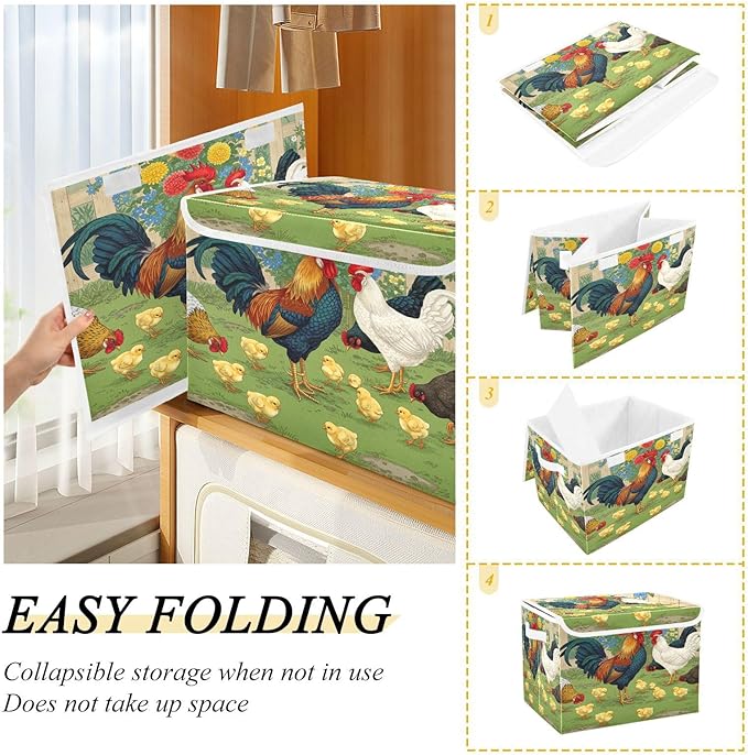 senya Baskets Collapsible Storage Bins with Lids Rooster Chick Flower Farm Storage Boxes Clothes Baskets for Organizing