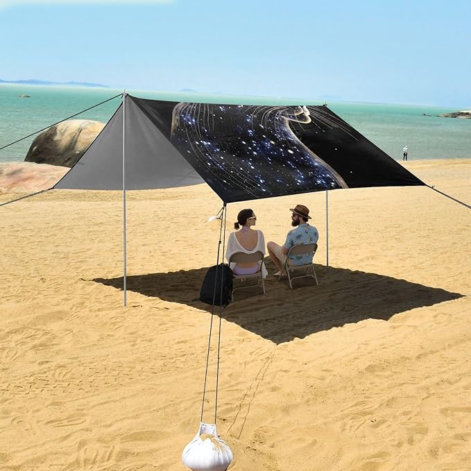 ALAZA Black Galaxy Beach Tent Sun Shelter UPF50+ Protection Beach Shade Canopy w/ 4 Sandbags for Outdoor Camping Fishing Backyard Fun Picnic 10x9 ft