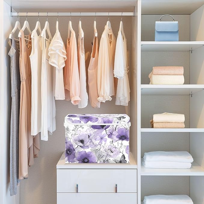 Elegant Purple Flowers Butterflies Storage Box with Lid 1 PC Foldable Storage Bin with Lids Stackable Storage Bins Cube Closet Organizer Basket with Flip-Top Lid &amp Handles for Shoes Books Towels