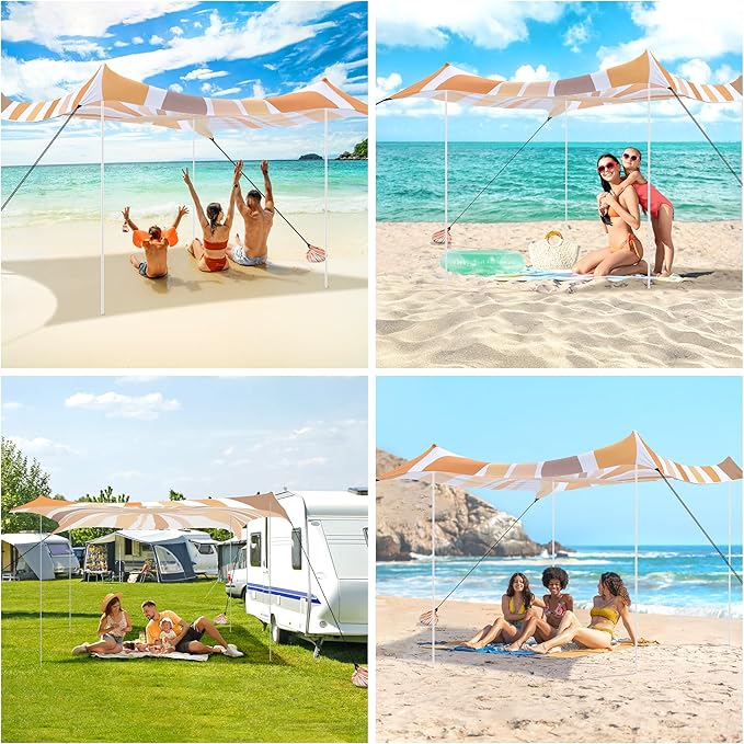 Beach Tent UPF 50+ Beach Canopy Sun Shade Portable 10×10 FT Large Pop-Up Beach Tent Sun Shelter with Sand Anchors Ground Pegs Easy Setup for Beach Camping Park and Backyard Fun - Sunflower