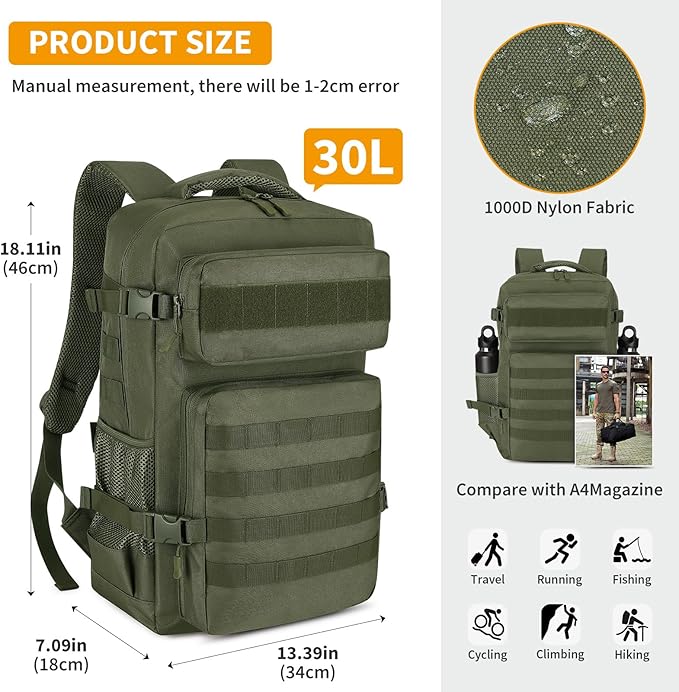 HUNTVP Tactical Backpack for Men 30L Military Backpack MOLLE Assault Pack Army Daypack Hunting Rucksack for Hiking Travel Work with Bottle HolderArmy Green