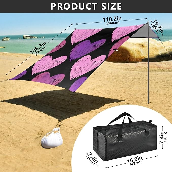 Beach Canopy with Windproof Ropes &amp Sandbags Beach Tent Sun Shade Sun Shelter for Camping Trips Fishing Backyard Fun or Picnics Heart