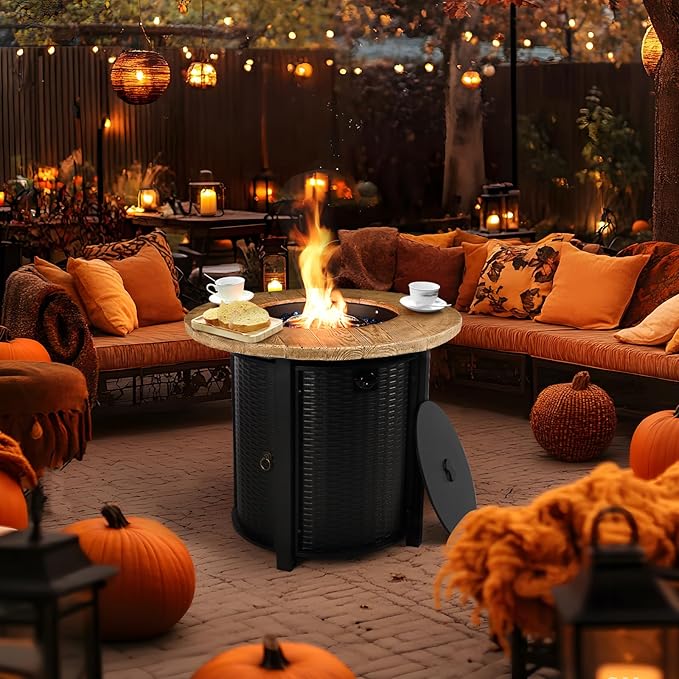 30 Inch Round Propane Fire Pit Table50000 BTU Iron Gas Fire Pit with LidIgnition Systemsw/Glass Stones and Rain CoverOutdoor Firepit Table for Patio &amp Deck