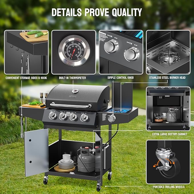 ROVSUN 4 Burner Propane Gas Grill with Side Burner 58000BTU BBQ Grills with Enameled Cast Iron Grates Shelf &amp Cabinet for Outdoor Garden Patio Backyard Barbecue Cooking