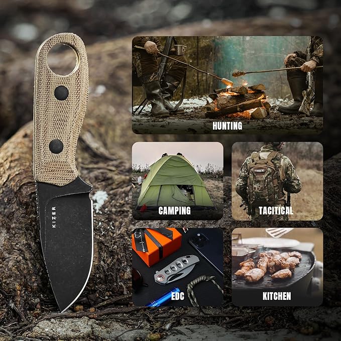 Kizer Beaver Fixed Blade Knife with Sheath 2.75 D2 Steel Blade EDC Fixed Blade Camping Knife with Brown Micarta and Black G10 Handle Small Bushcraft Survival Hunting Knives for Men Women 1078M2